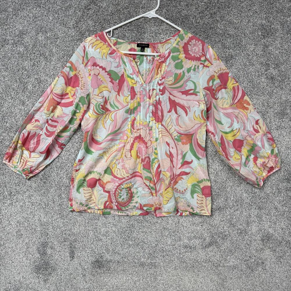 Talbots Blouse Womens XS Pink Yellow Cotton Floral Boho Whimsigoth Cottagecore